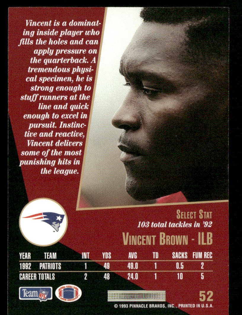 Vincent Brown 1993 Select #52 New England Patriots