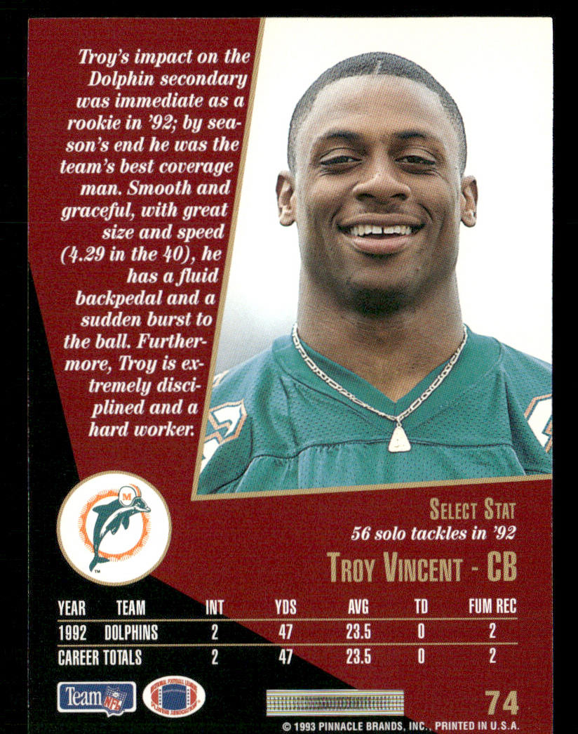 Troy Vincent 1993 Select #74 Miami Dolphins
