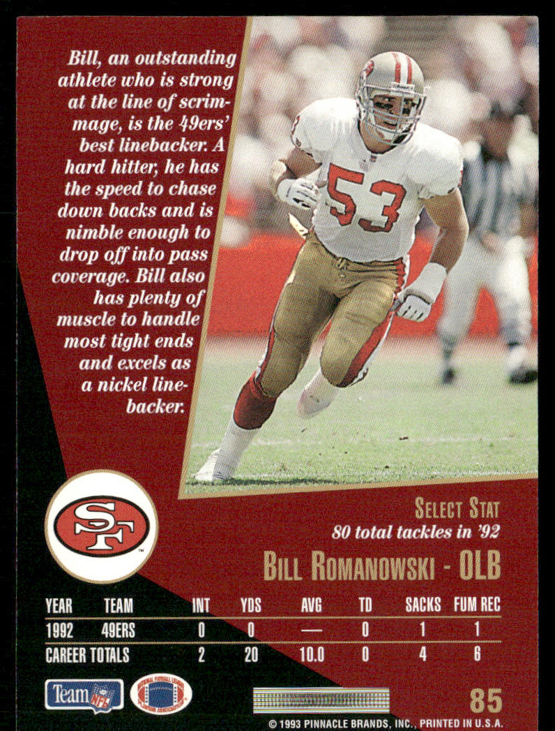 Bill Romanowski 1993 Select #85 San Francisco 49ers