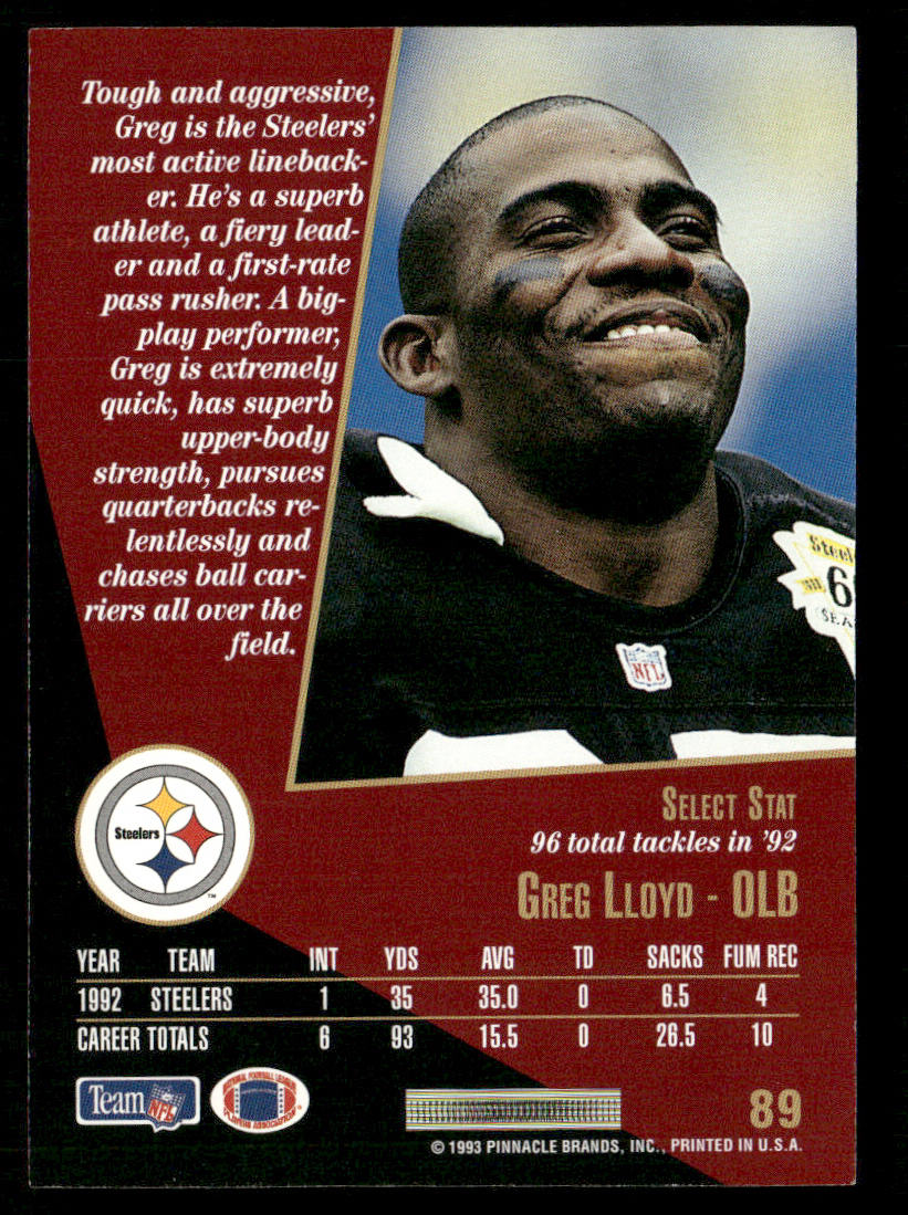 Greg Lloyd 1993 Select #89 Pittsburgh Steelers