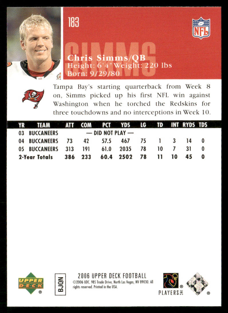 Chris Simms 2006 Upper Deck #183 Tampa Bay Buccaneers