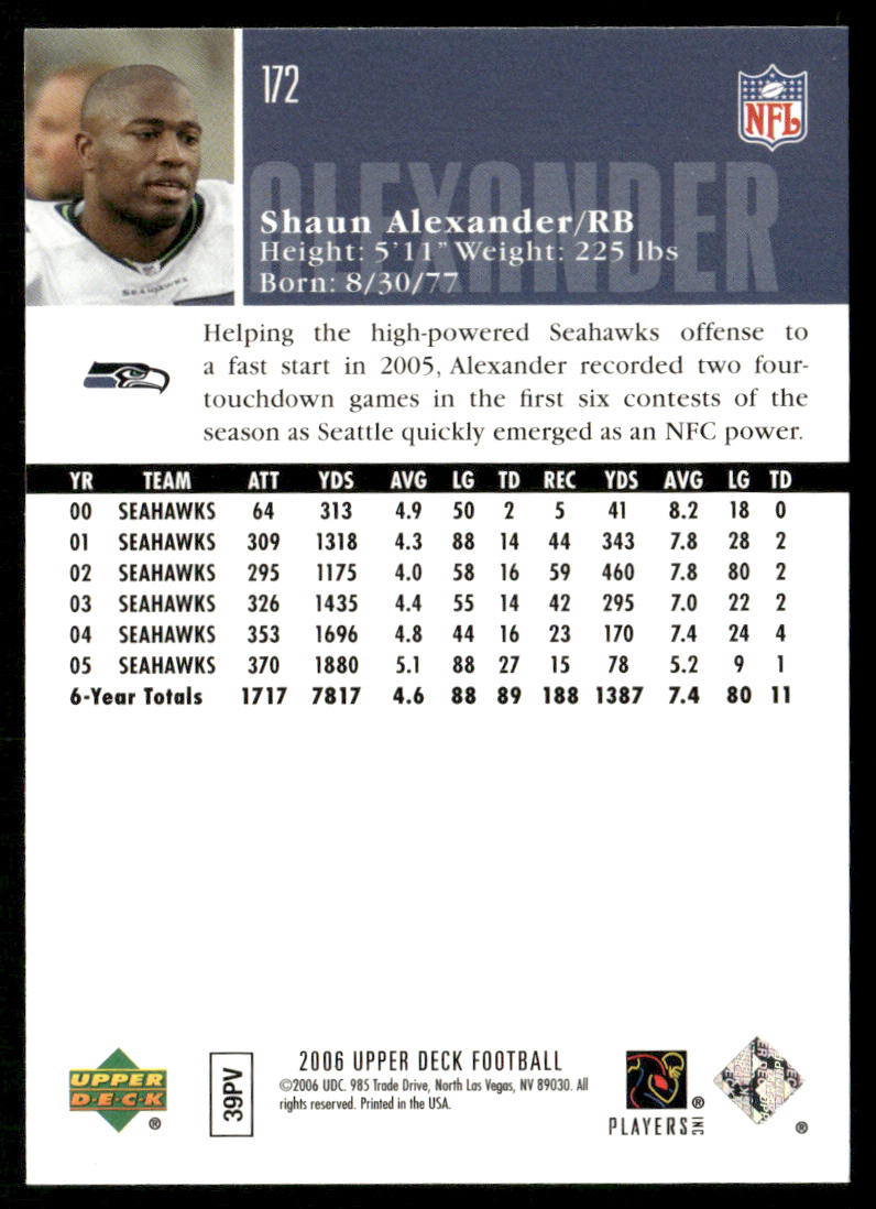 Shaun Alexander 2006 Upper Deck #172 Seattle Seahawks