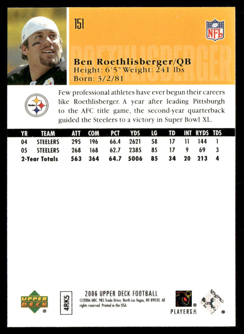 Ben Roethlisberger 2006 Upper Deck #151 Pittsburgh Steelers