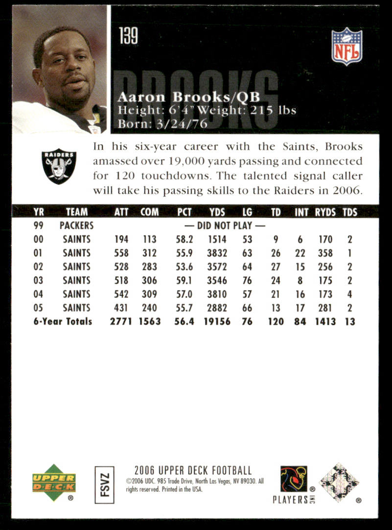 Aaron Brooks 2006 Upper Deck #139 Oakland Raiders