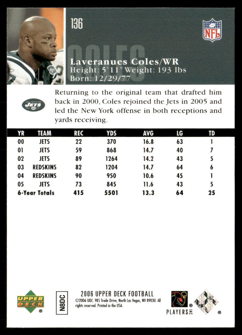 Laveranues Coles 2006 Upper Deck #136 New York Jets