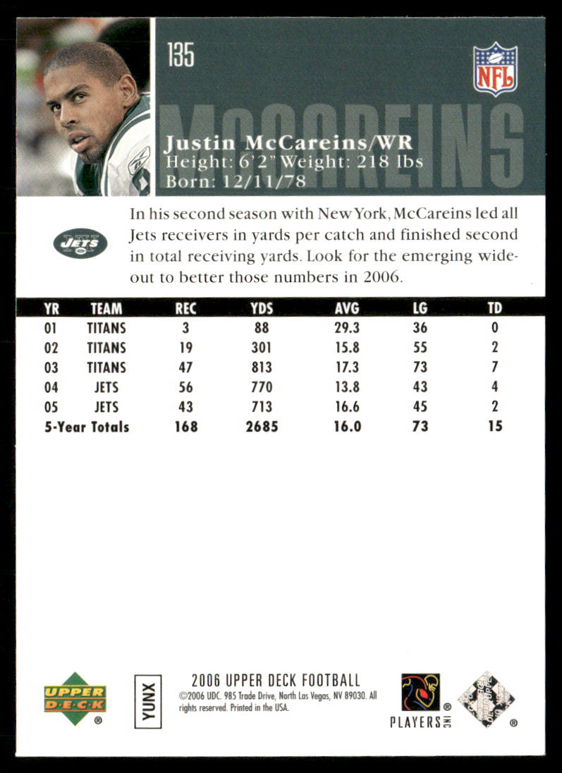 Justin McCareins 2006 Upper Deck #135 New York Jets