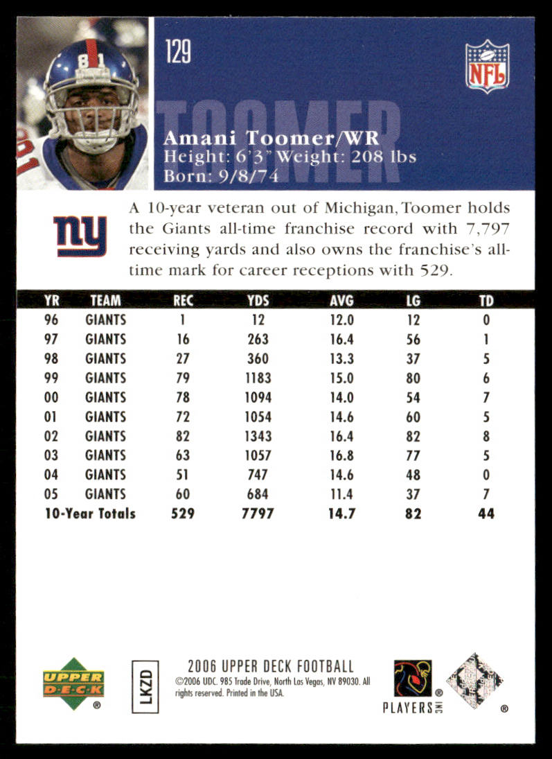 Amani Toomer 2006 Upper Deck #129 New York Giants