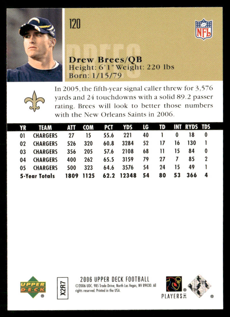 Drew Brees 2006 Upper Deck #120 New Orleans Saints