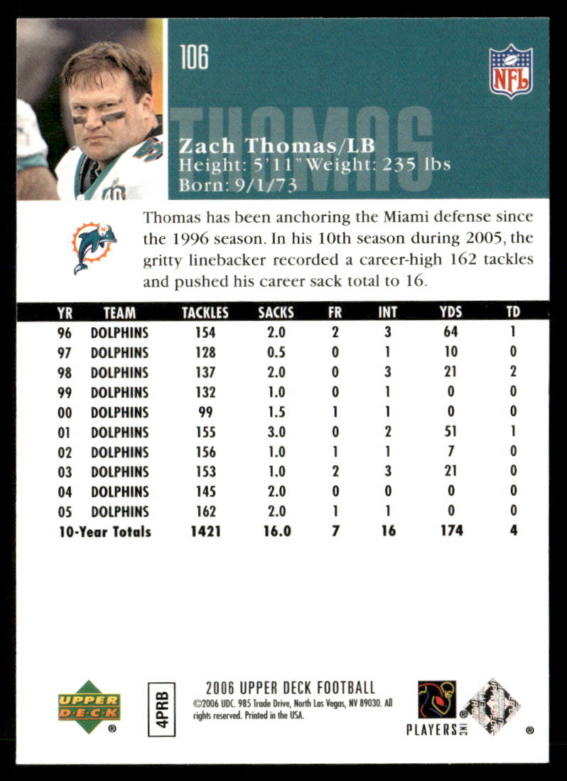 Zach Thomas 2006 Upper Deck #106 Miami Dolphins