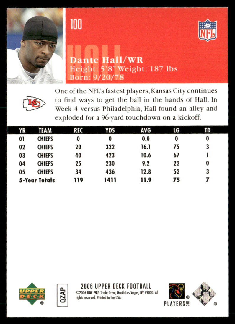 Dante Hall 2006 Upper Deck #100 Kansas City Chiefs