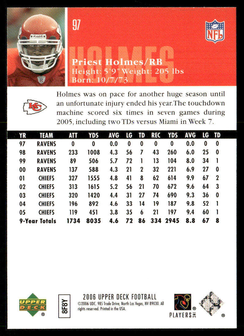 Priest Holmes 2006 Upper Deck #97 Kansas City Chiefs