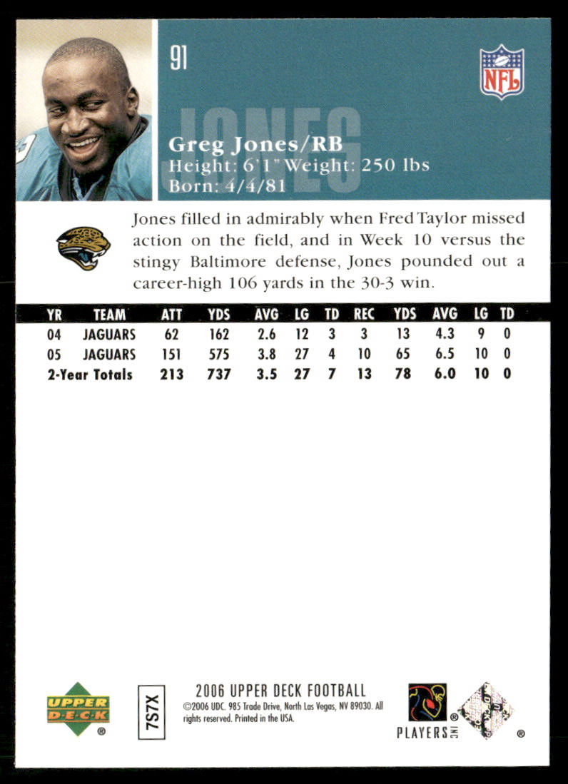 Greg Jones 2006 Upper Deck #91 Jacksonville Jaguars