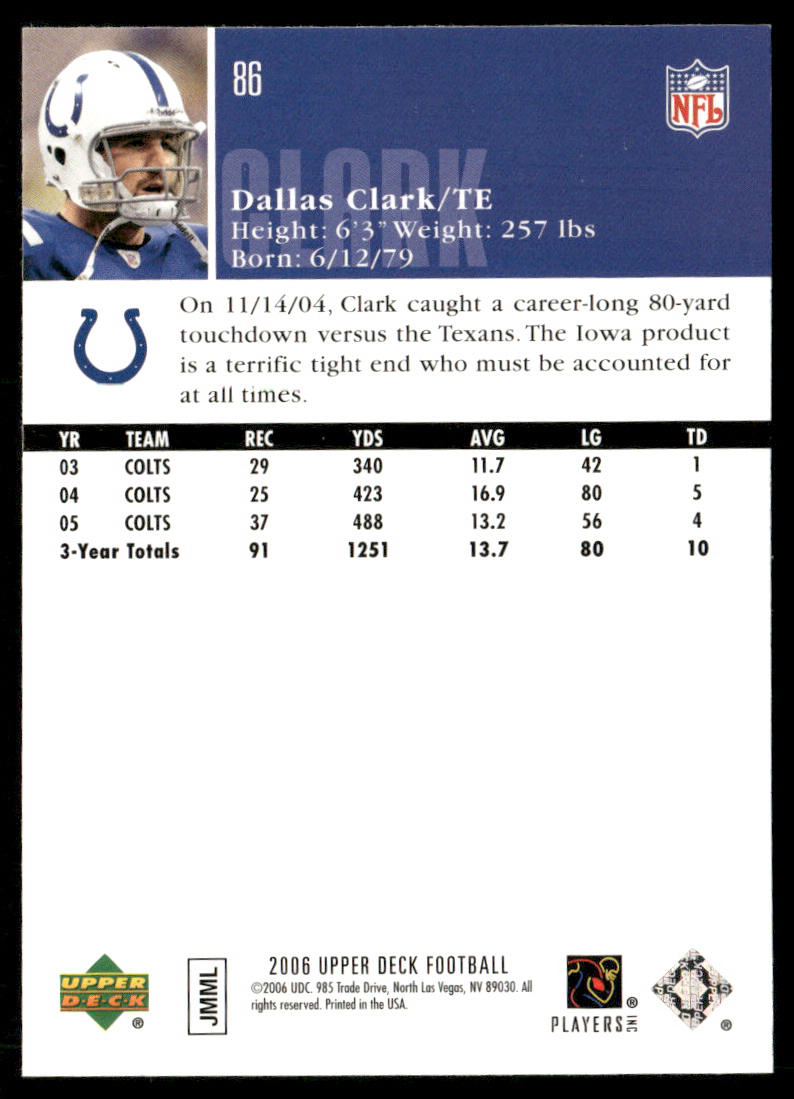 Dallas Clark 2006 Upper Deck #86 Indianapolis Colts