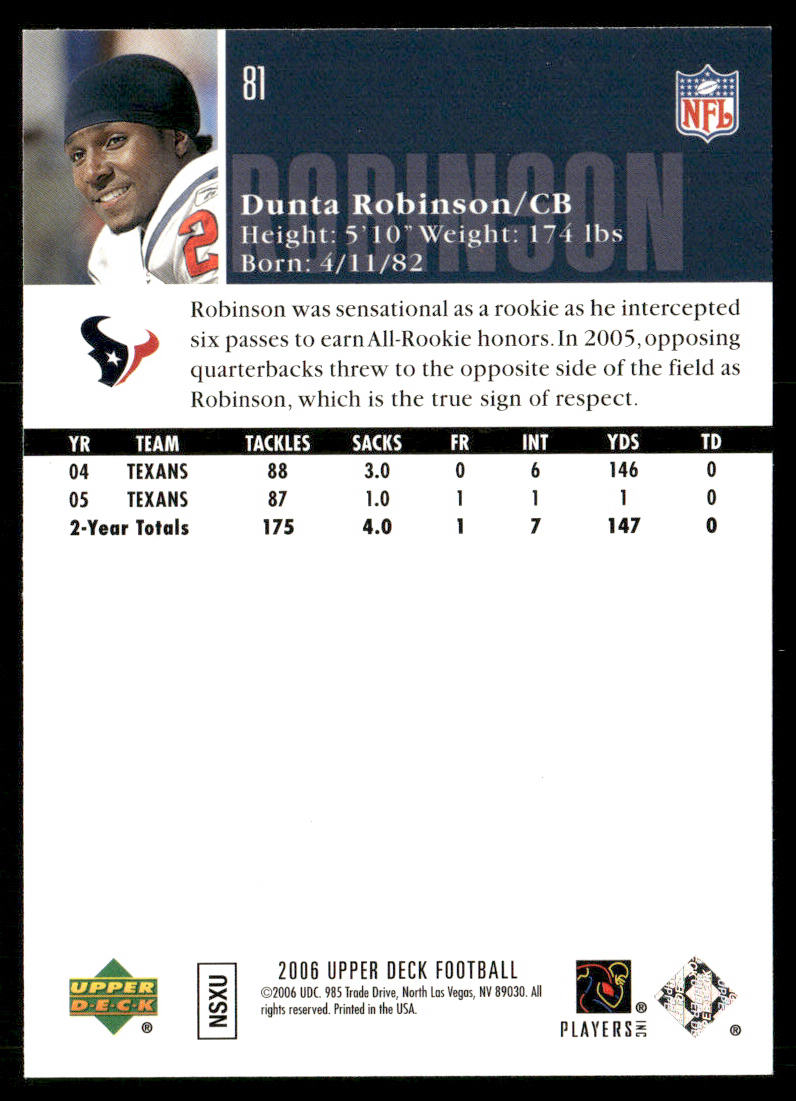 Dunta Robinson 2006 Upper Deck #81 Houston Texans