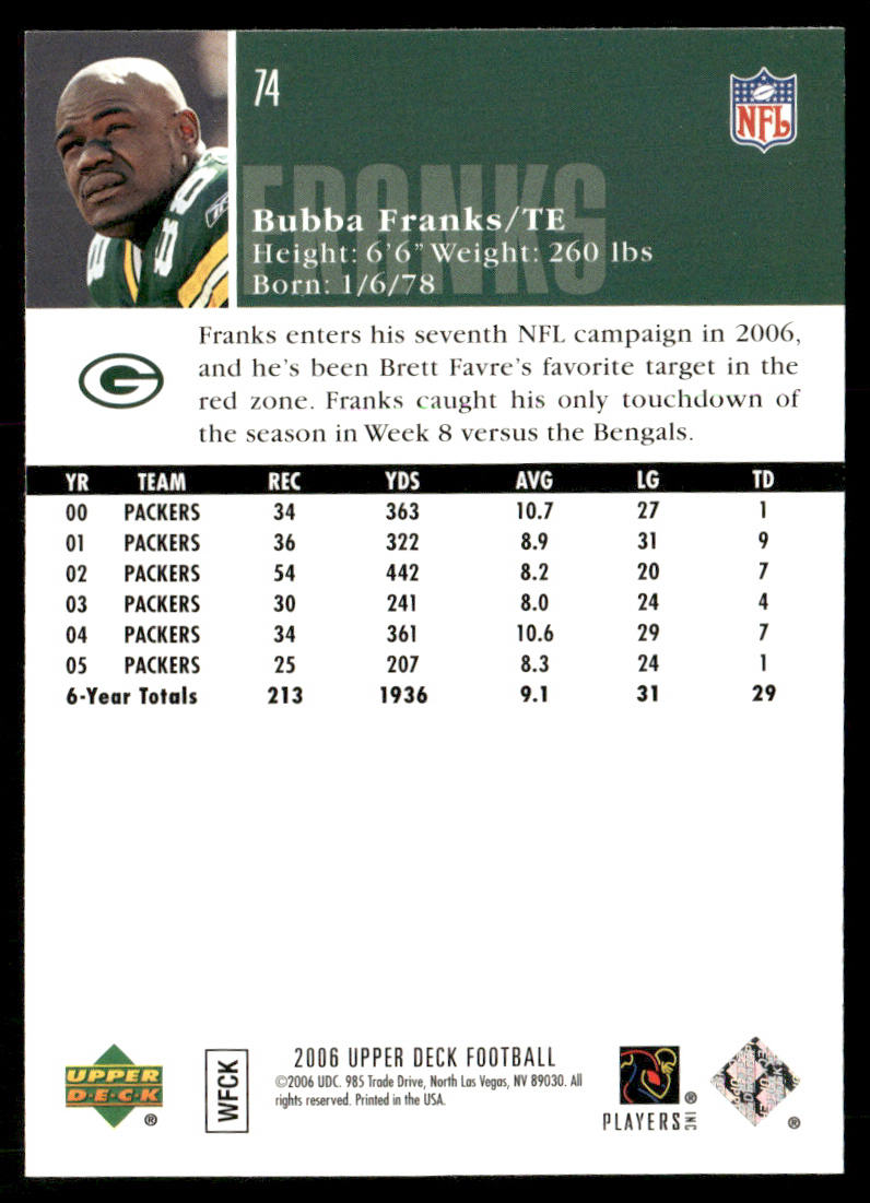 Bubba Franks 2006 Upper Deck #74 Green Bay Packers