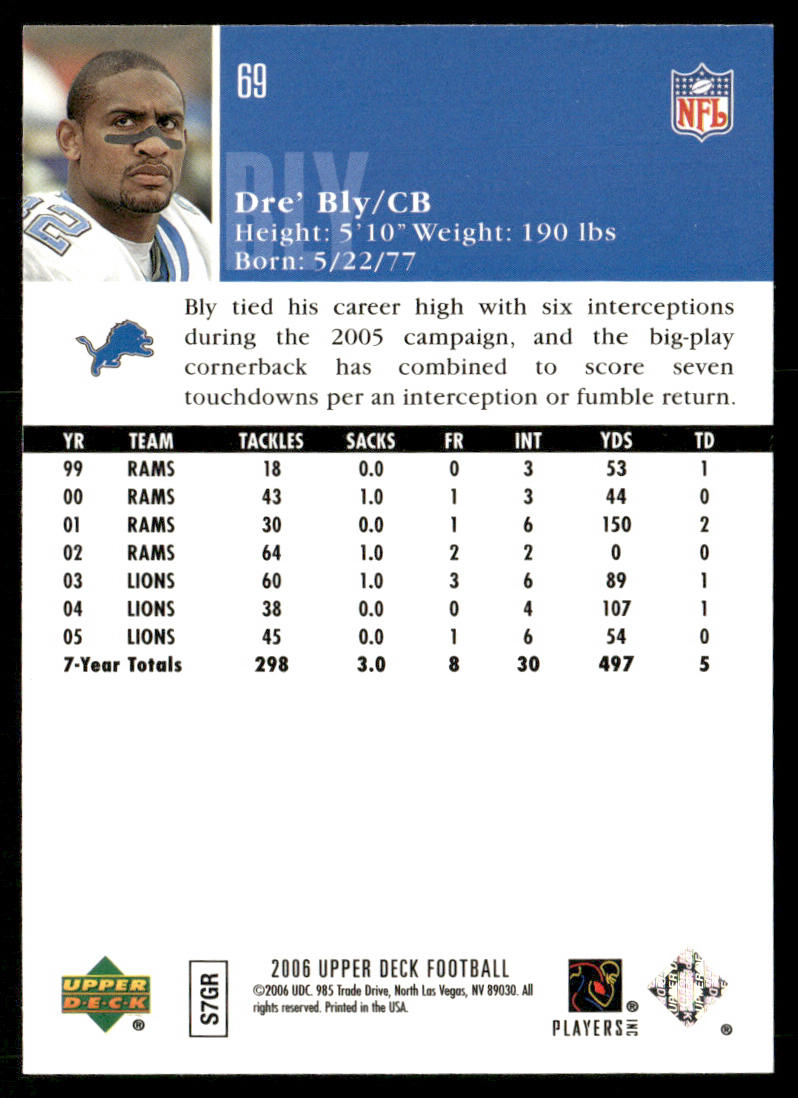 Dre' Bly 2006 Upper Deck #69 Detroit Lions
