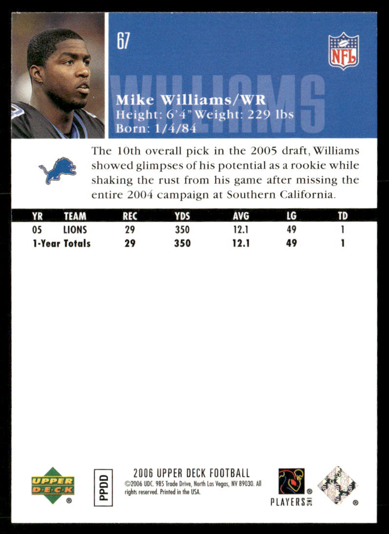 Mike Williams 2006 Upper Deck #67 Detroit Lions