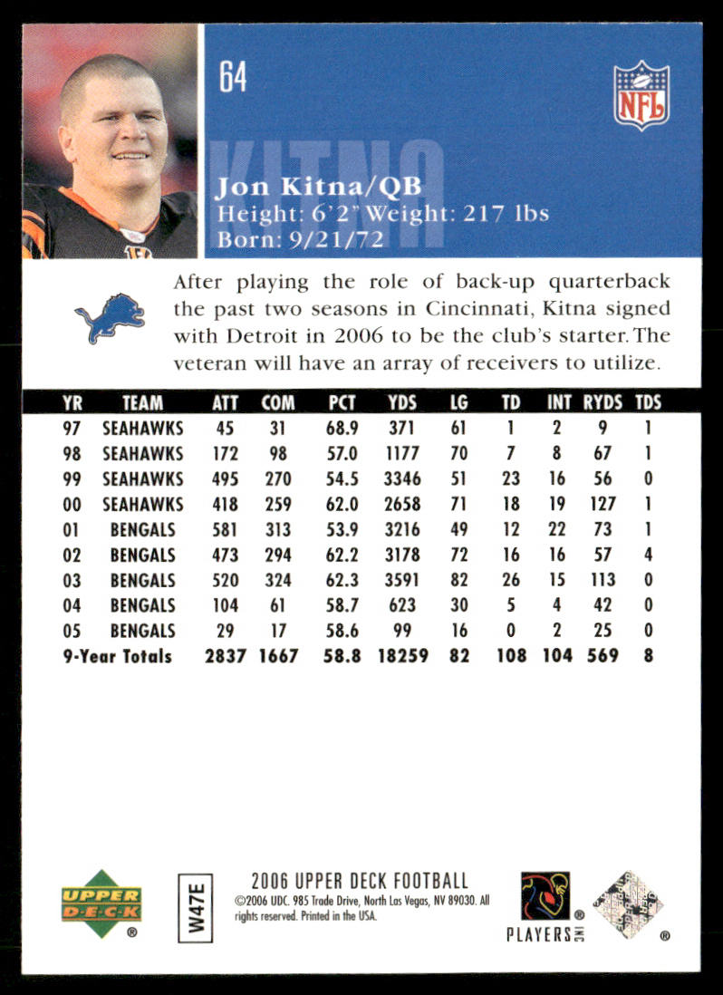 Jon Kitna 2006 Upper Deck #64 Detroit Lions