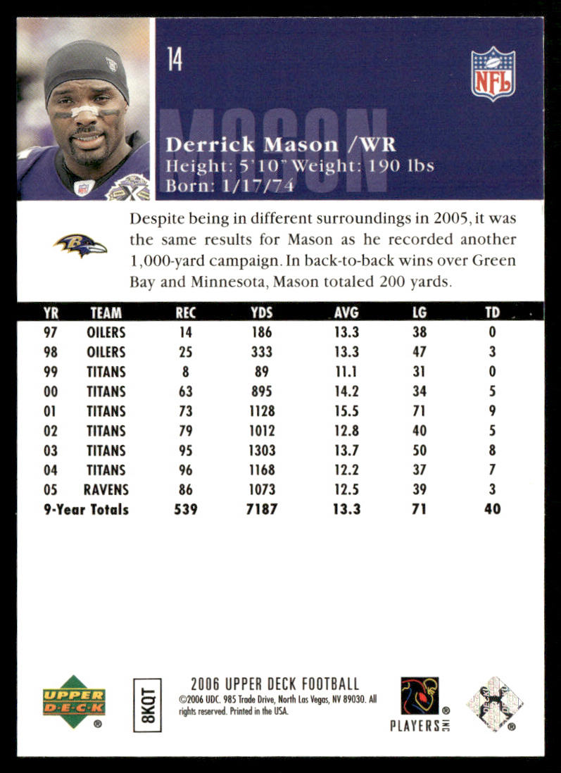 Derrick Mason 2006 Upper Deck #14 Baltimore Ravens