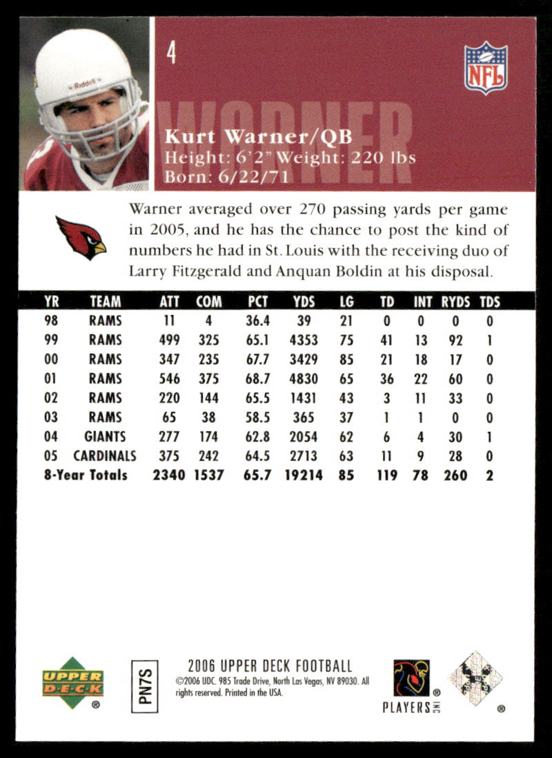 Kurt Warner 2006 Upper Deck #4 Arizona Cardinals