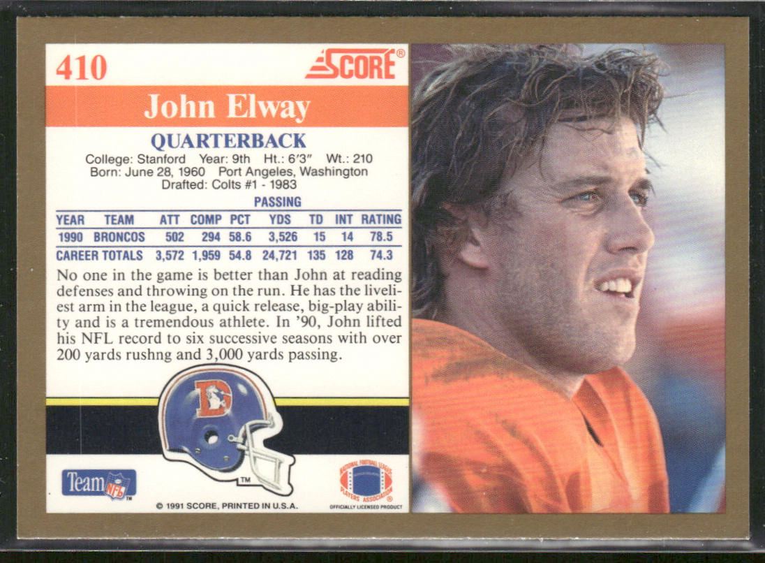John Elway 1991 Score #410 Denver Broncos