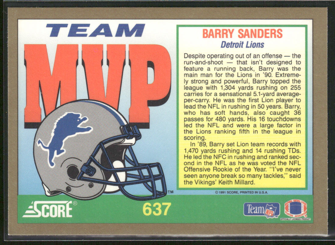Barry Sanders 1991 Score #637 Detroit Lions