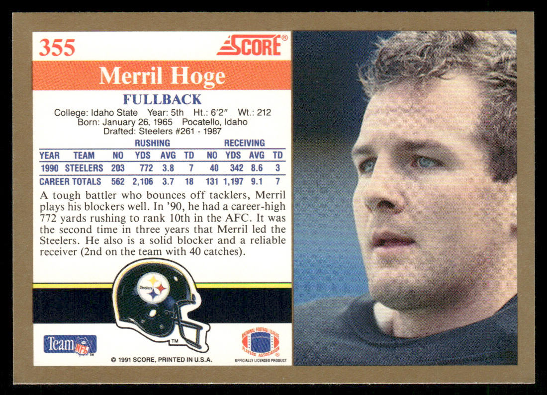 Merril Hoge 1991 Score #355 Pittsburgh Steelers