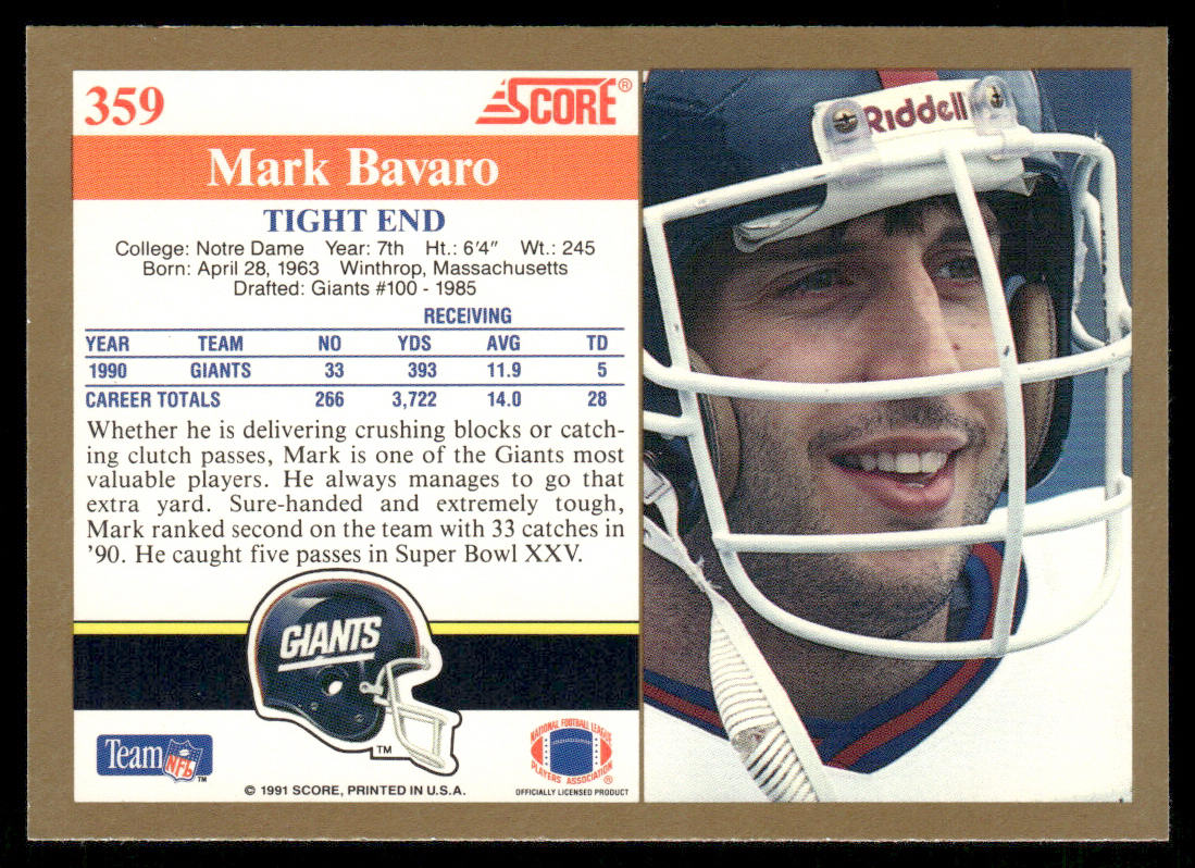 Mark Bavaro 1991 Score #359 New York Giants