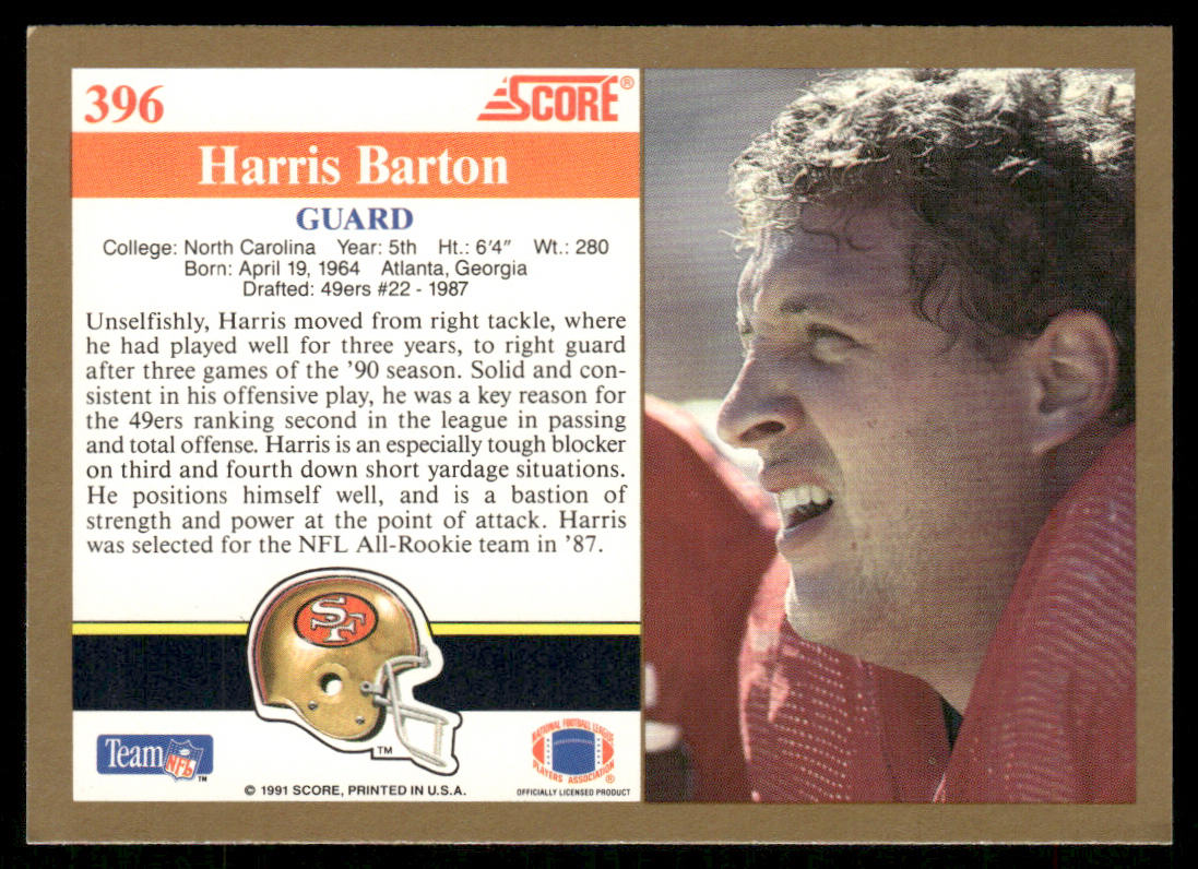 Harris Barton 1991 Score #396 San Francisco 49ers