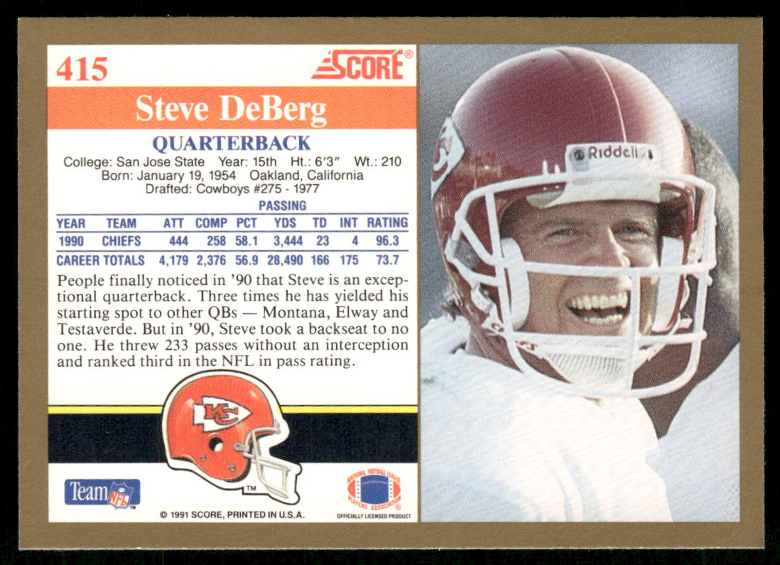 Steve DeBerg 1991 Score #415 Kansas City Chiefs