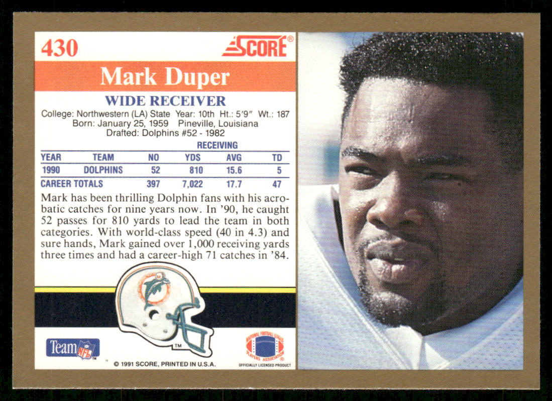 Mark Duper 1991 Score #430 Miami Dolphins