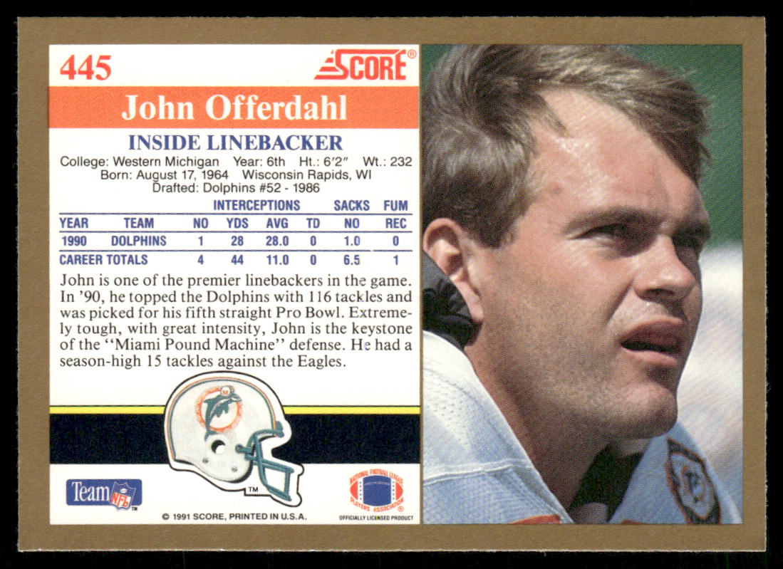 John Offerdahl 1991 Score #445 Miami Dolphins