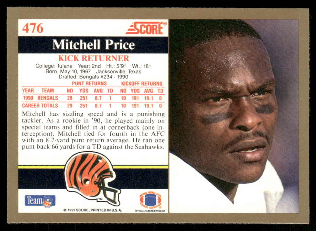 Mitchell Price 1991 Score #476 RC Cincinnati Bengals