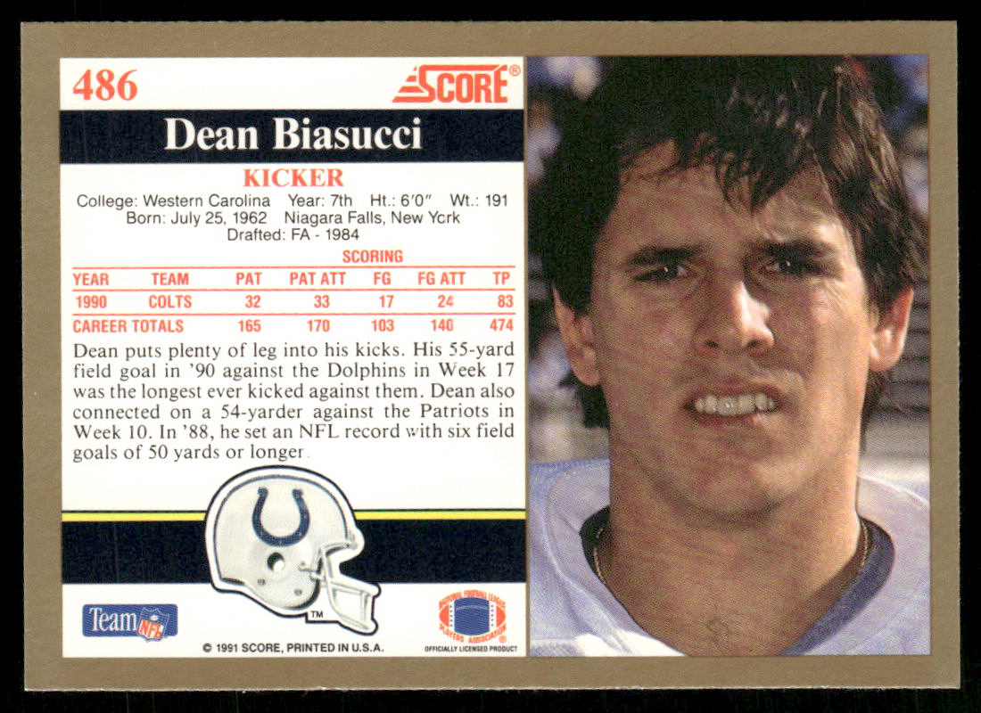 Dean Biasucci 1991 Score #486 Indianapolis Colts