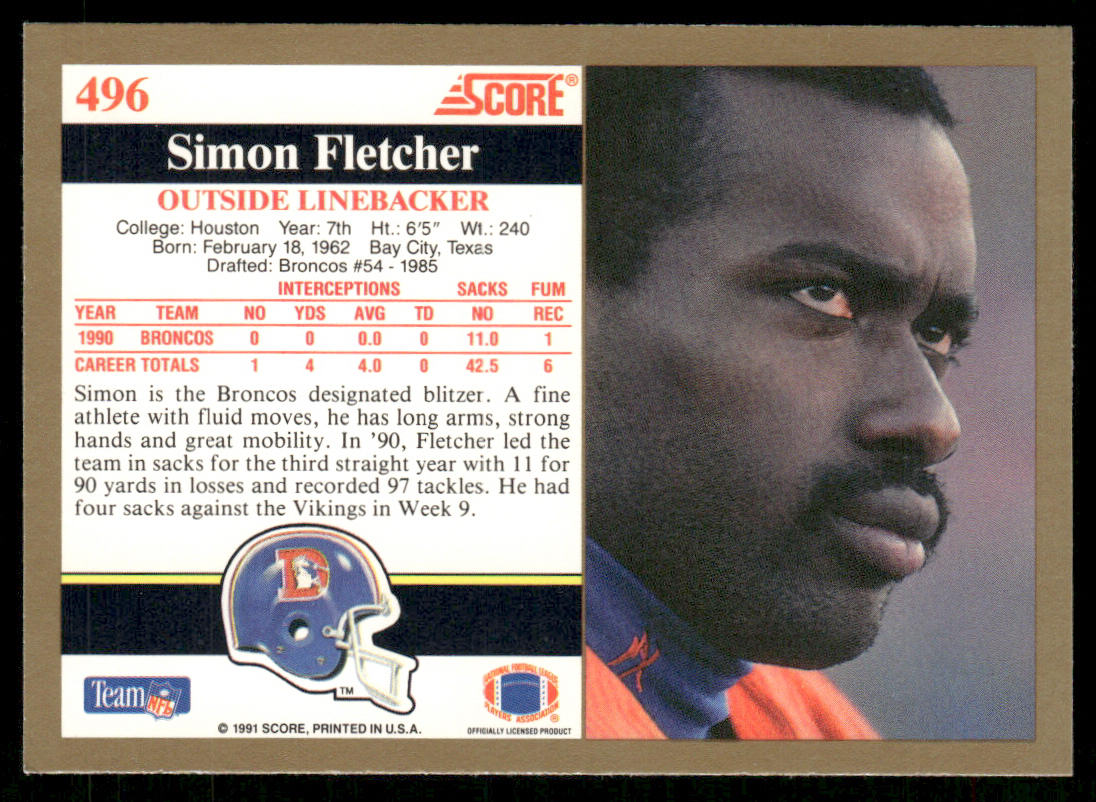 Simon Fletcher 1991 Score #496 Denver Broncos