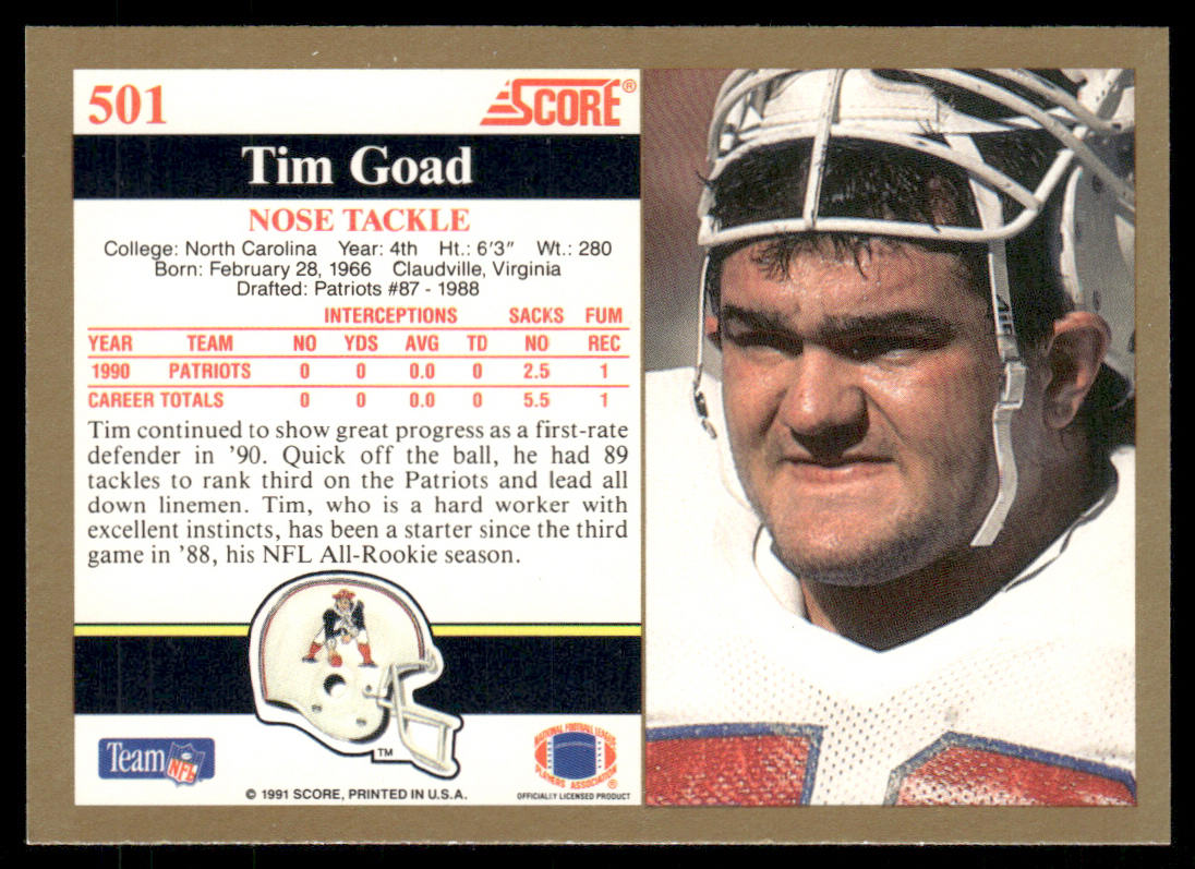Tim Goad 1991 Score #501 New England Patriots