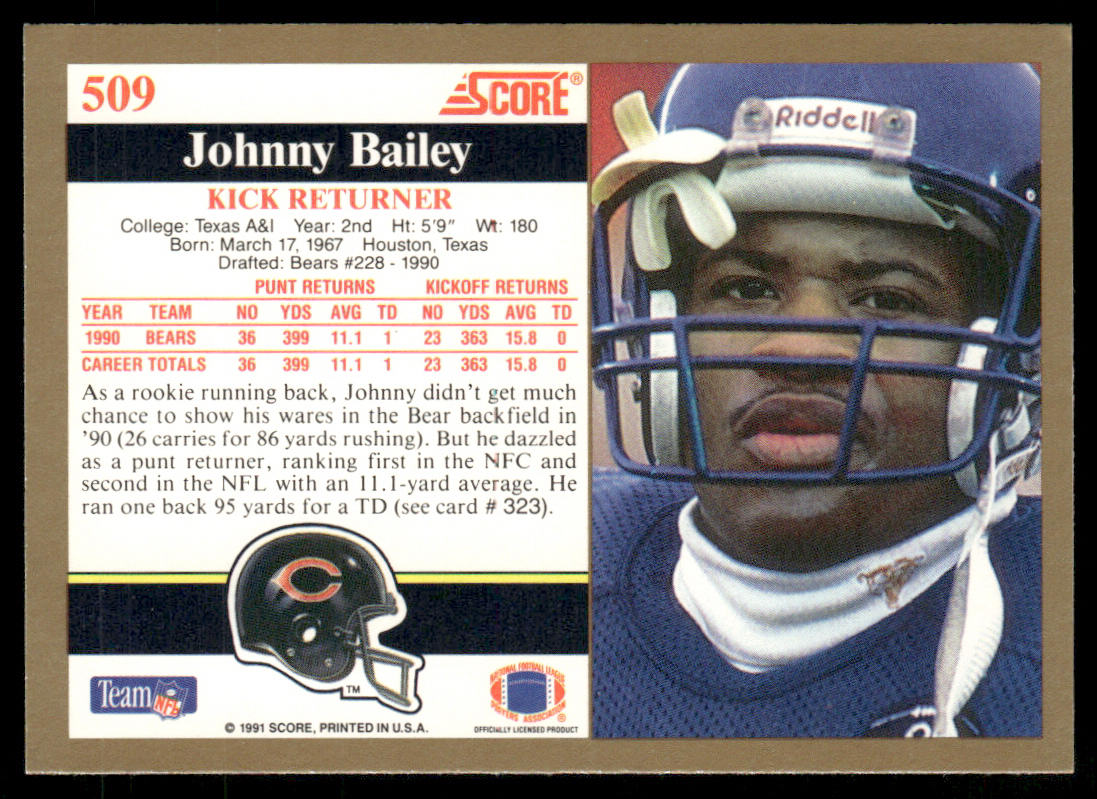 Johnny Bailey 1991 Score #509 Chicago Bears