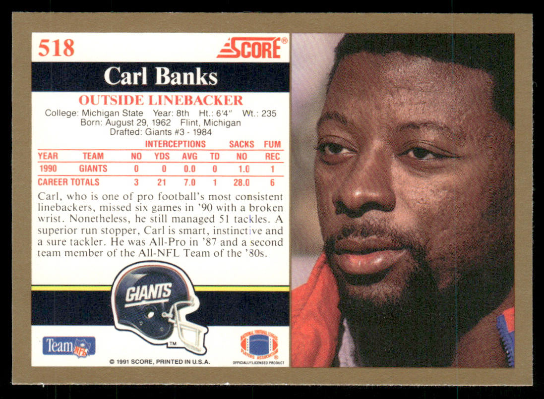 Carl Banks 1991 Score #518 New York Giants