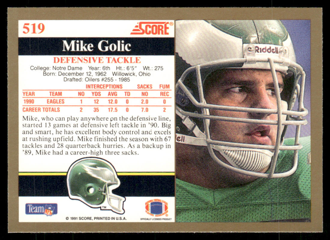 Mike Golic 1991 Score #519 RC Philadelphia Eagles