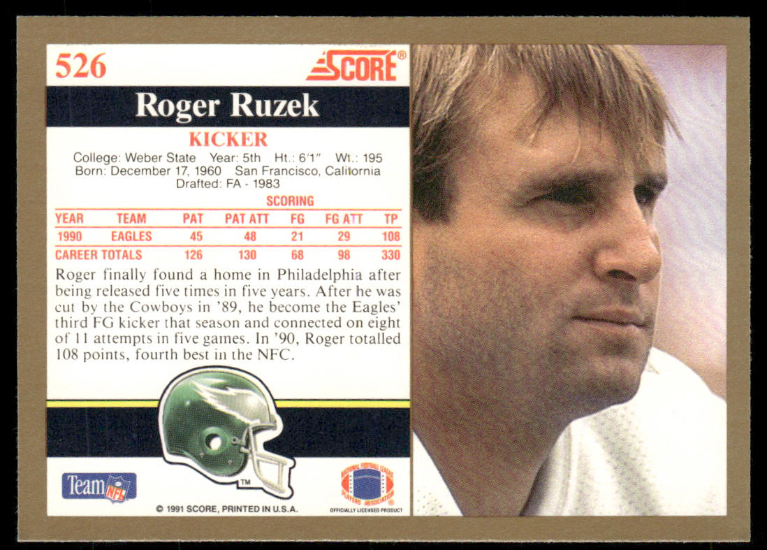 Roger Ruzek 1991 Score #526 Philadelphia Eagles
