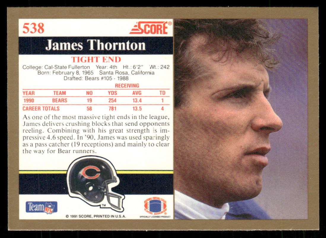 James Thornton 1991 Score #538 Chicago Bears