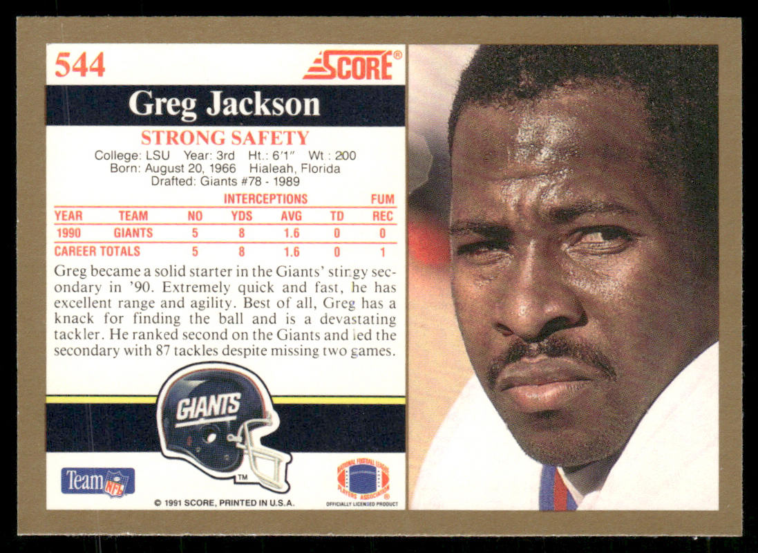 Greg Jackson 1991 Score #544 RC New York Giants
