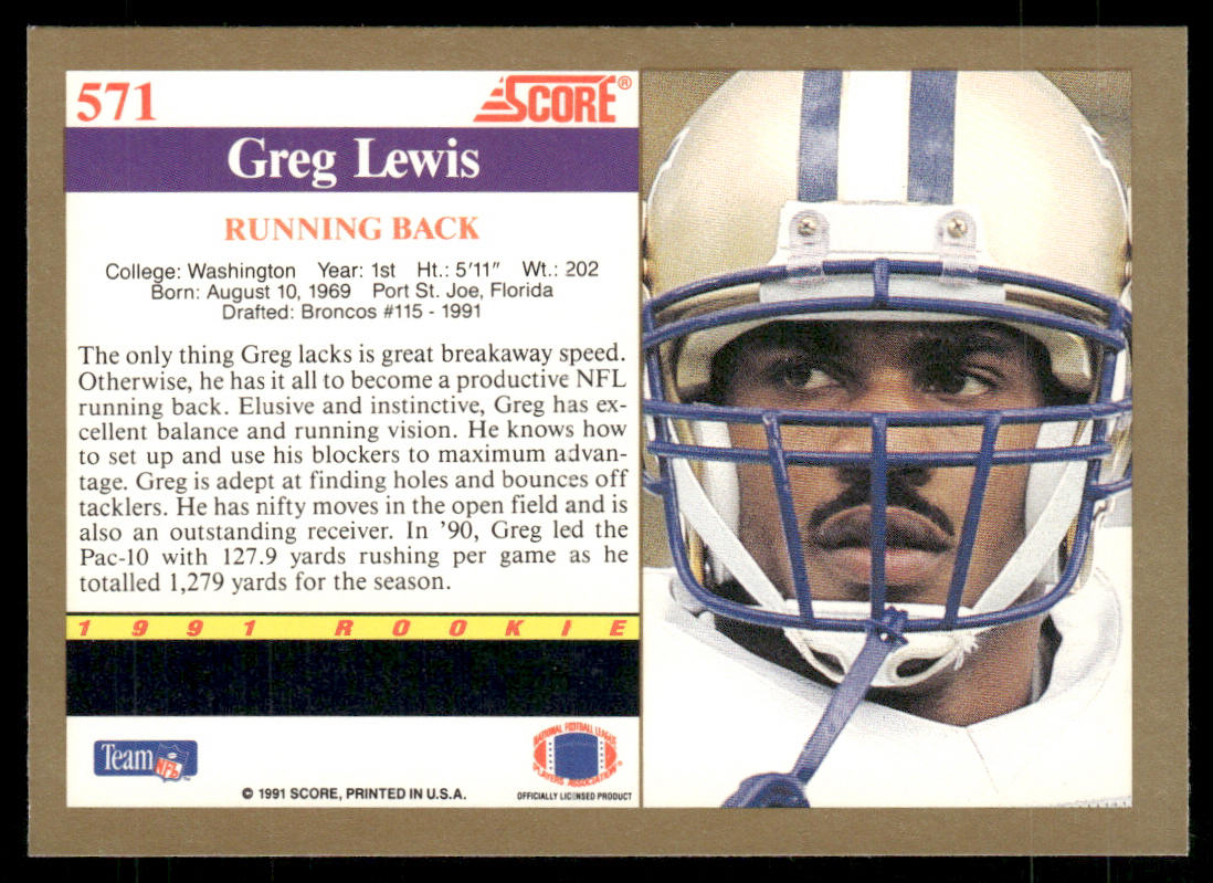 Greg Lewis 1991 Score #571 RC Washington Huskies