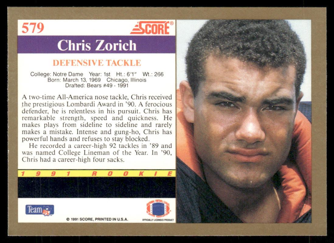 Chris Zorich 1991 Score #579 RC Notre Dame Fighting Irish