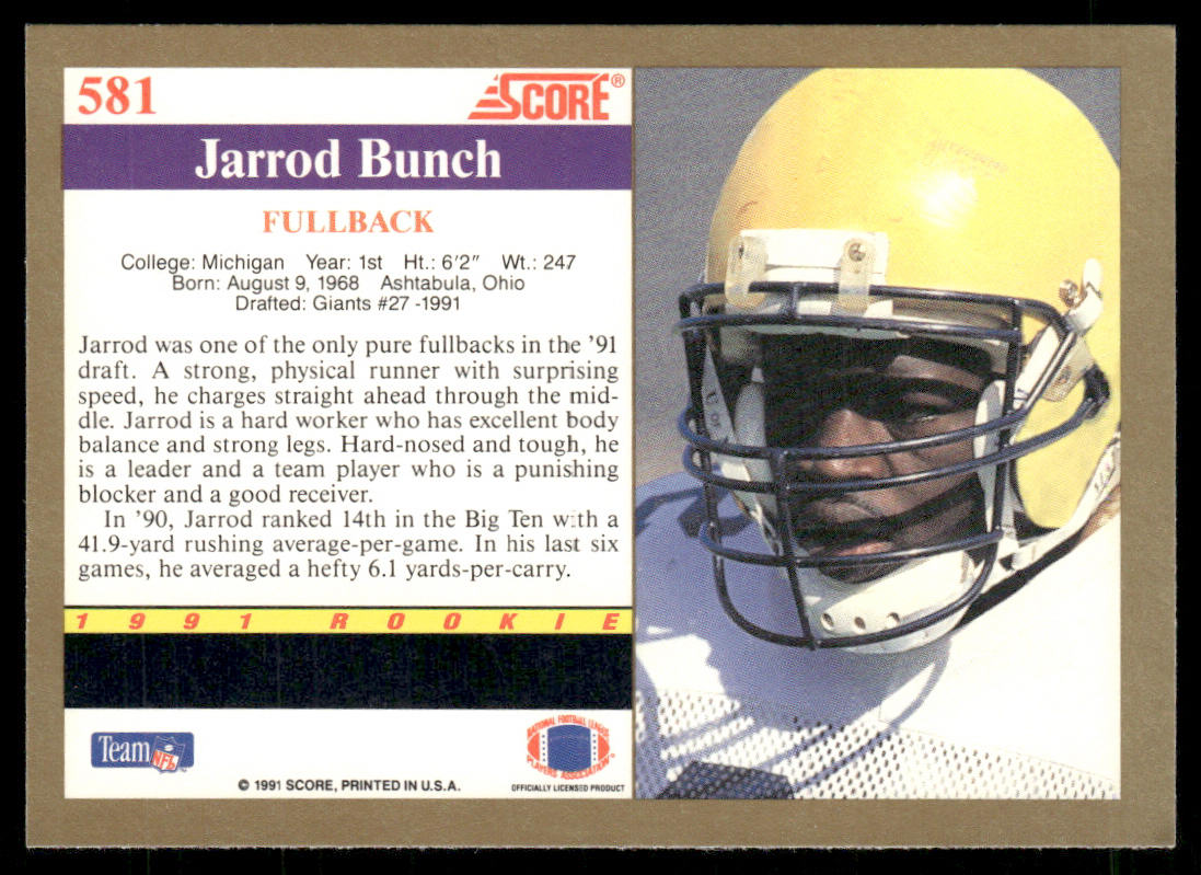 Jarrod Bunch 1991 Score #581 RC Michigan Wolverines