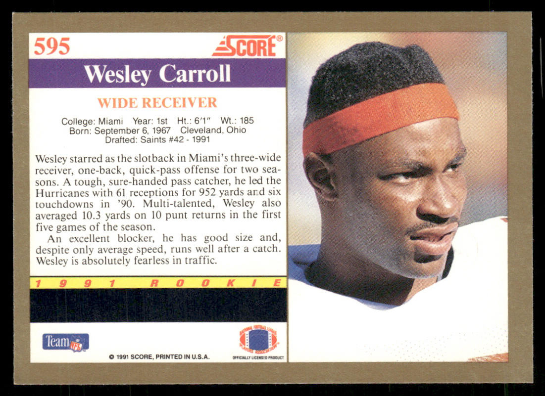 Wesley Carroll 1991 Score #595 RC Miami Hurricanes