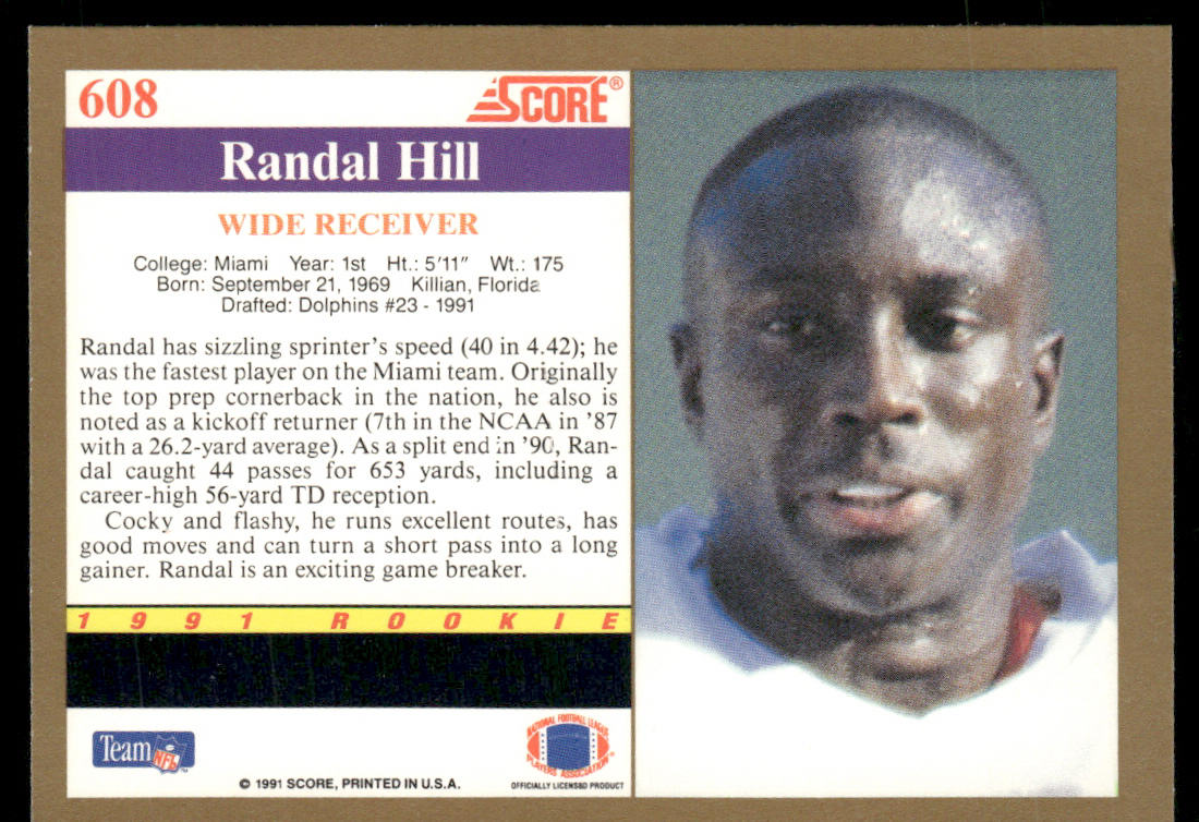Randal Hill 1991 Score #608 RC Miami Hurricanes