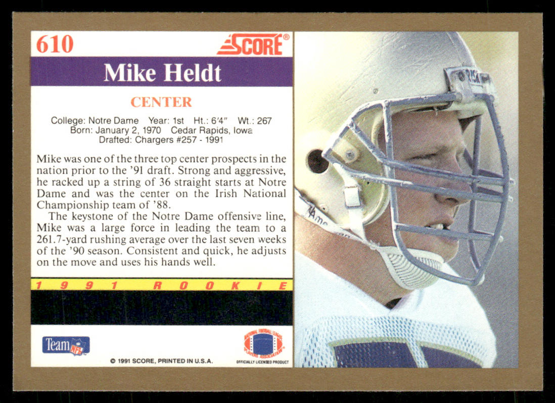 Mike Heldt 1991 Score #610 RC Notre Dame Fighting Irish