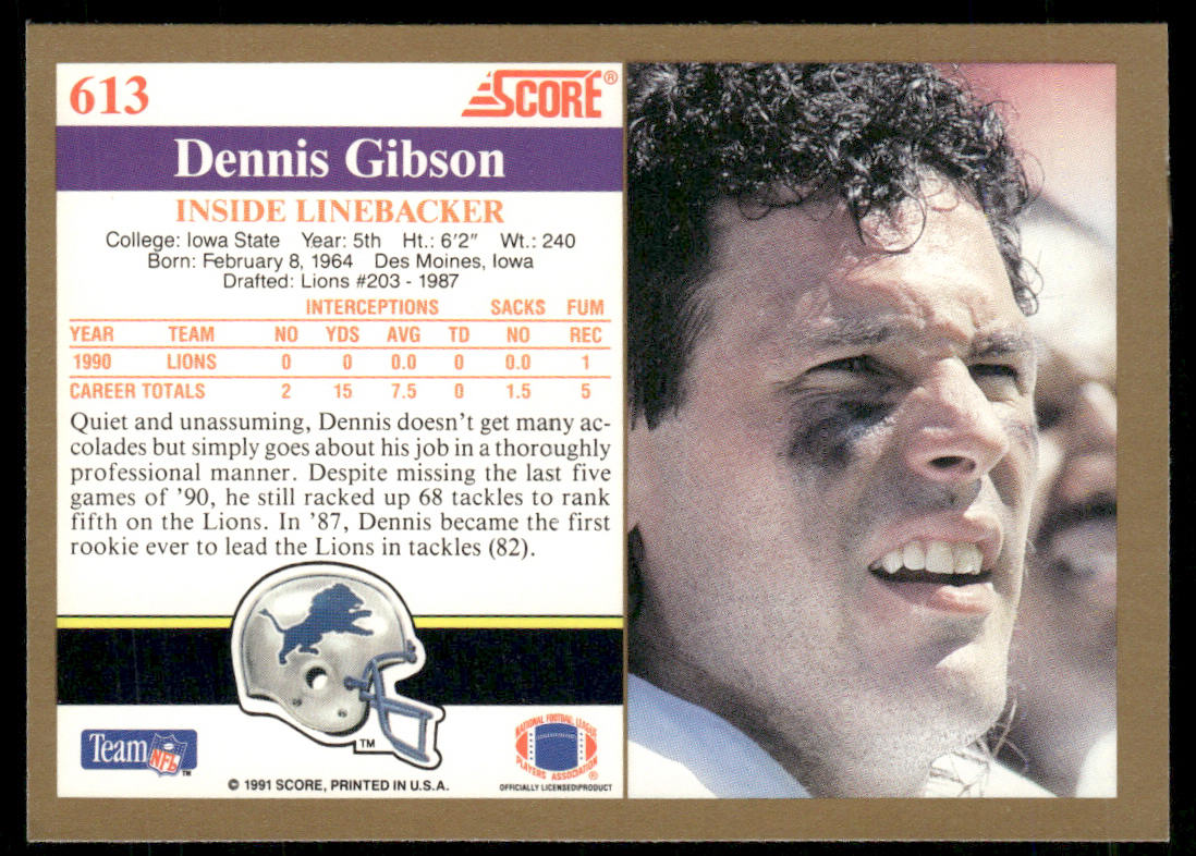 Dennis Gibson 1991 Score #613 Detroit Lions