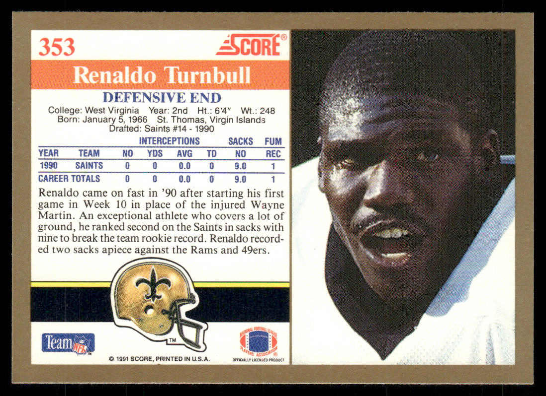Renaldo Turnbull 1991 Score #353 New Orleans Saints